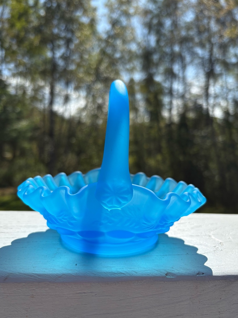 VTG Blue Satin Mist Glass Ruffled Cottagecore Basket w Handle